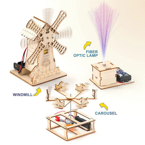 Five In One Wooden STEM Kits For Kids With Amusement Park Theme Build A Ferris Wheel, A Merry Go Round, A Mini Windmill House
