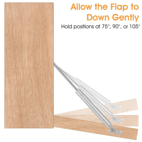 Four Pack Drop Down Gas Struts For Drop Front Desks, 100 Newtons each, showing positions at 75, 90, and 105 degrees, wood panel