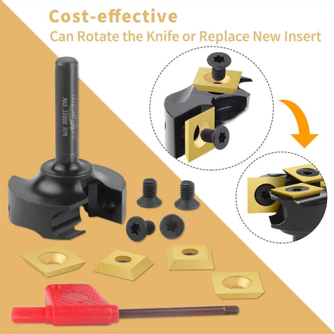 Slab Flattening Router Bit With Two Plus Two Carbide Inserts, One Quarter Inch Shank, One And Three Eighths Inch Cutting Diameter
