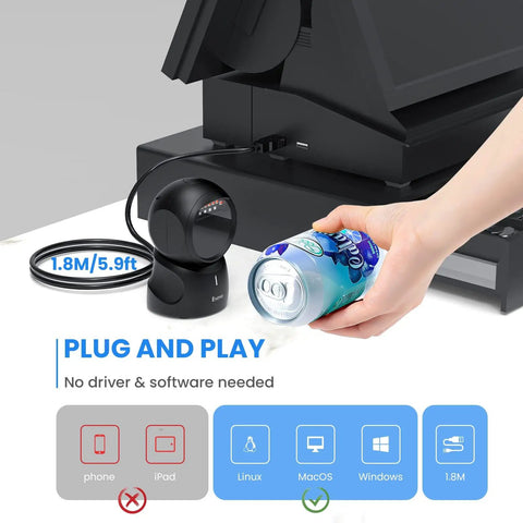 Hands Free 2D Barcode Scanner With USB Desktop Connection Omnidirectional QR Code Reader shown scanning a can at POS