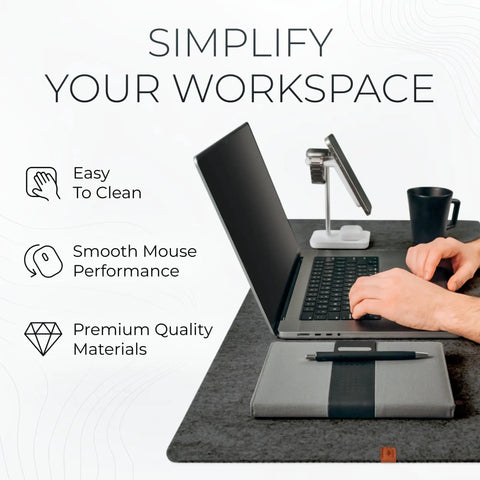 Large Felt Desk Mat 35 x 17 Inch Charcoal With Seamless Design And Anti Slip Rubber Dots Full Keyboard And Mouse Pad
