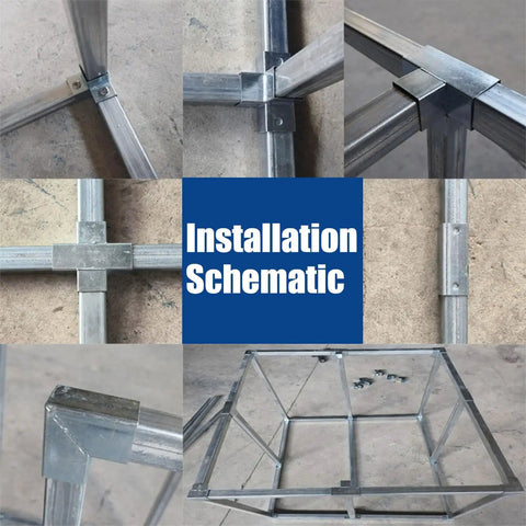 Installation schematic showing Tough As Nails 4 Way Square Tube Connectors for 1x1, 1.5x1.5 and 2x2 inch metal pipes.