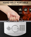 Hand holding Rugged Portable Metal Safe Box With Digital Code Lock For Documents And Valuables Fire Resistant Safe