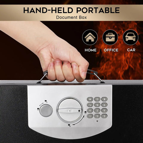 Hand holding Rugged Portable Metal Safe Box With Digital Code Lock For Documents And Valuables Fire Resistant Safe