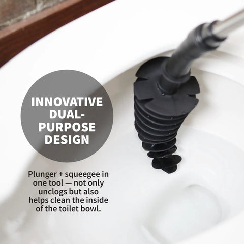 Revolutionary Toilet Plunger And Squeegee Combo With Stainless Steel Handle And Caddy Holder in toilet bowl, black one pack