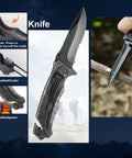 Close-up of knife from 66 In 1 Outdoor Survival Kit With First Aid Fire Starter Knife And Compass For Camping And Hiking Gear