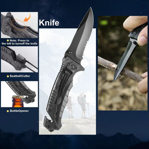 Close-up of knife from 66 In 1 Outdoor Survival Kit With First Aid Fire Starter Knife And Compass For Camping And Hiking Gear