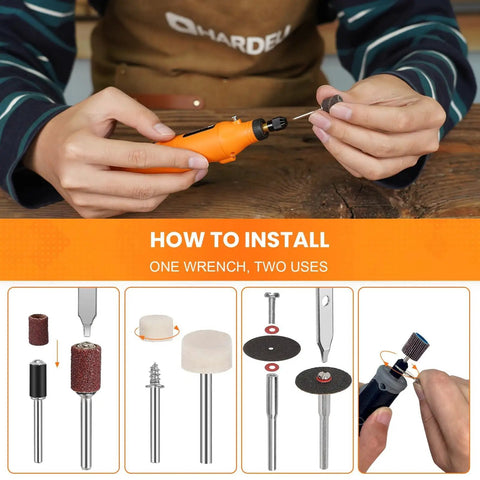 Heavy Duty 508 Piece Rotary Tool Accessory Kit showing installation steps for quick change collet and various accessories.