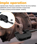Heavy Duty Brake Anchor Pin Press For Semi Trucks And Class 6 8 Maintenance Quick Pin And Bushing Removal From S Cam Q Brakes Without Hammering Wide Compatibility With Kenworth Peterbilt Freightliner Mack Volvo And More 16002 in use on a vehicle's rusted brake system.
