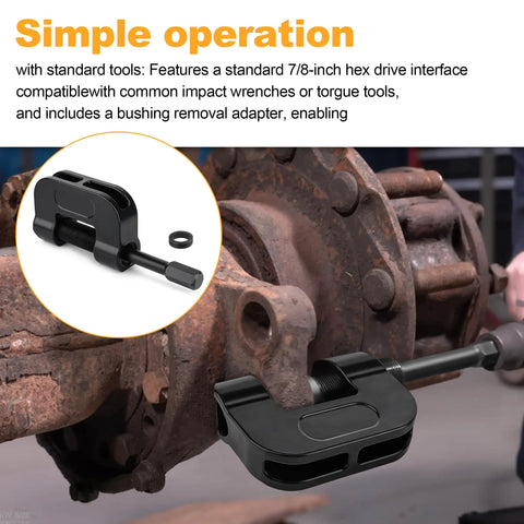 Heavy Duty Brake Anchor Pin Press For Semi Trucks And Class 6 8 Maintenance Quick Pin And Bushing Removal From S Cam Q Brakes Without Hammering Wide Compatibility With Kenworth Peterbilt Freightliner Mack Volvo And More 16002 in use on a vehicle's rusted brake system.
