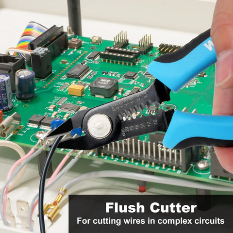 Precision Flush Wire Cutters With Stripping, Slim Diagonal Cutters, cutting wires on circuit board, non slip grip