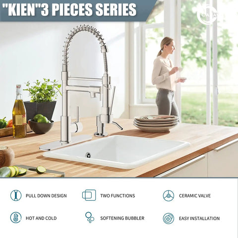 RV Kitchen Faucet With Soap Dispenser And Pull Down Sprayer, Brushed Nickel Finish in modern kitchen scene