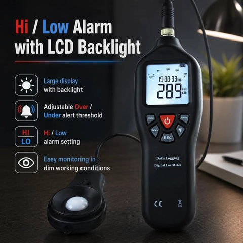 Pro Grade Digital Light Meter Lux Meter With Detachable Sensor 0 To 200000 Lux Range Hi/Low alarm and backlit LCD