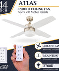 Atlas 44 Inch Modern Indoor LED Ceiling Fan With Light And Remote Control For Small Rooms Up To 100 Sq Ft Dual Mounting Options