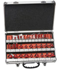 Badass Flush Trim Router Bit Set Featuring Tungsten Carbide Tips For Grip It And Rip It Woodwork and Straight Shooter Precision in hard shell case.