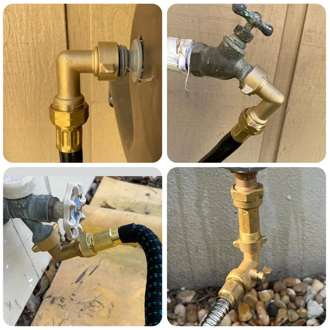 90 Degree Garden Hose Elbow Adapter 2 Pack Quick Connect Brass Fittings For Hose Male To Female Hassle Free Setup Works With Pressure Regulators Durable Solid Brass mounted on hose spigots