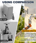 Heavy Duty Outdoor Faucet Lock For 1 To 2.95 Inch Valve Handles, Stainless Steel Water Spigot Lock To Stop Tampering And Wasting Water, Built Tough No Nonsense Security You Can Count On. Stainless steel cover on outdoor faucet compared with plastic lock.