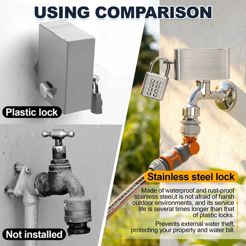 Heavy Duty Outdoor Faucet Lock For 1 To 2.95 Inch Valve Handles, Stainless Steel Water Spigot Lock To Stop Tampering And Wasting Water, Built Tough No Nonsense Security You Can Count On. Stainless steel cover on outdoor faucet compared with plastic lock.