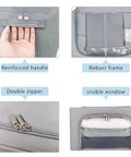 Details of Three Pack Grab And Go Clothes Storage Bins Set With Stackable Foldable Organizer Boxes, metal frame, clear window, gray.
