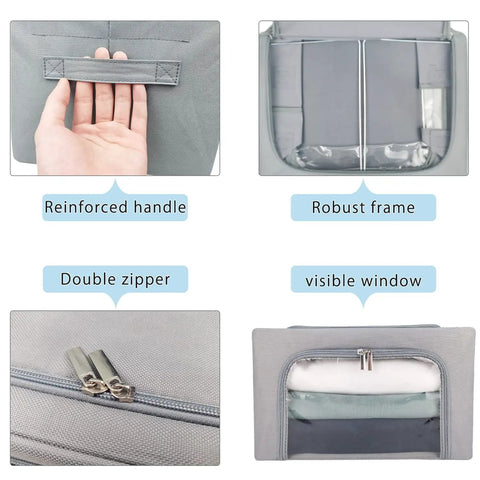 Details of Three Pack Grab And Go Clothes Storage Bins Set With Stackable Foldable Organizer Boxes, metal frame, clear window, gray.