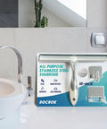 10-inch stainless steel shower squeegee in DOCKOK packaging with two adhesive hooks, front view