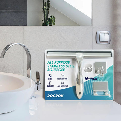 10-inch stainless steel shower squeegee in DOCKOK packaging with two adhesive hooks, front view
