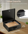 Heavy Duty Fireproof Document Box With Lock And Handle Large Portable Metal Safe for A4 papers showing open lid and measurements
