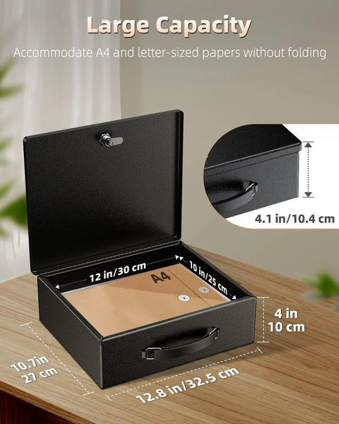Heavy Duty Fireproof Document Box With Lock And Handle Large Portable Metal Safe for A4 papers showing open lid and measurements