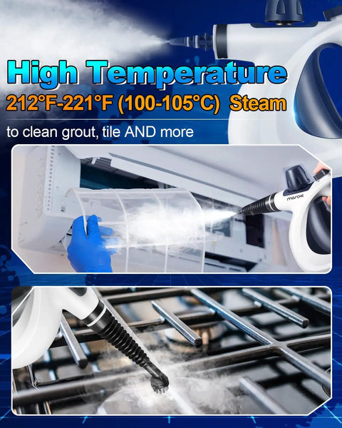 Powerful Handheld Pressurized Steam Cleaner With 11-Piece Accessory Kit showcasing high-temperature steam cleaning on oven racks.