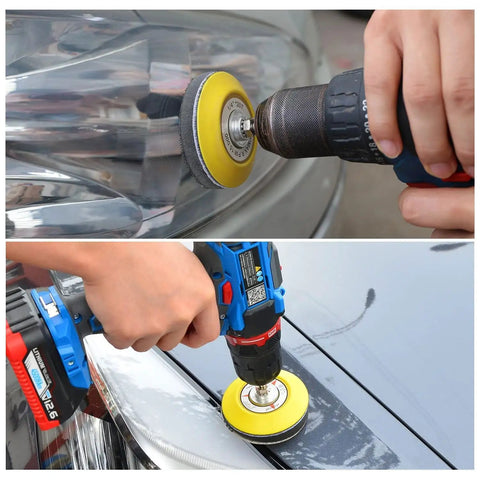 Pro Grade All In One 3 Inch Sanding Discs Kit being used on car headlights for polishing.