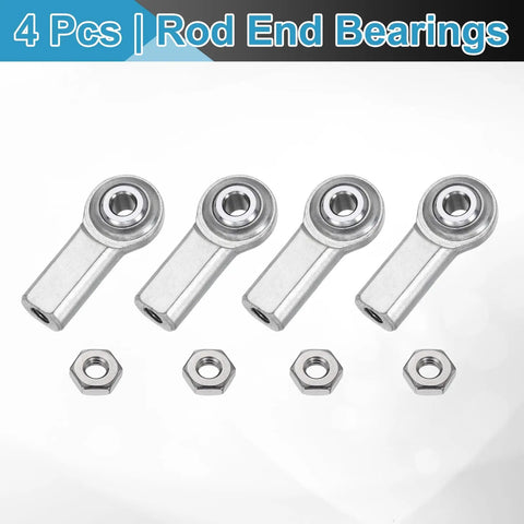Four Pack CF3 Rod End Bearings With Three Sixteenths Inch Bore And Ten Thirty Two Right Hand Female Threads Self Lubricating Joint Rod Ends With Jam Nuts For Heavy Duty Linkage And Machinery Projects Chrome Steel Construction, four rod ends and jam nuts