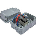 2 HP Irrigation Pump Start Relay for Sprinkler Controllers with open weatherproof ABS enclosure, showing internal wiring for 24 VAC systems.