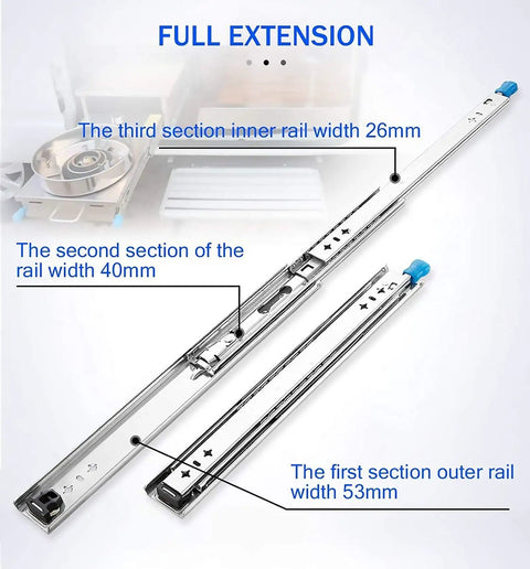 Soft Close Drawer Slides Heavy Duty Drawer Runners With 53mm Ball Bearing Locking Slides Full Extension Up To 120kg Load Multiple Sizes Pack Of 2 Built Tough For Easy Install And Secure Quiet Smooth Drawer Operation showing rail sections with widths labeled 26mm, 40mm, and 53mm.