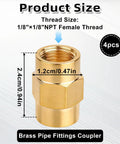 Four Pack One Eighth Inch NPT Brass Female Pipe Fitting Couplers Hex Head Threaded Connectors For Plumbing, Shower, Gas, Hydraulic And Pneumatic Systems For Various Applications 1/8 NPT, 2.4cm tall