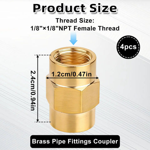 Four Pack One Eighth Inch NPT Brass Female Pipe Fitting Couplers Hex Head Threaded Connectors For Plumbing, Shower, Gas, Hydraulic And Pneumatic Systems For Various Applications 1/8 NPT, 2.4cm tall