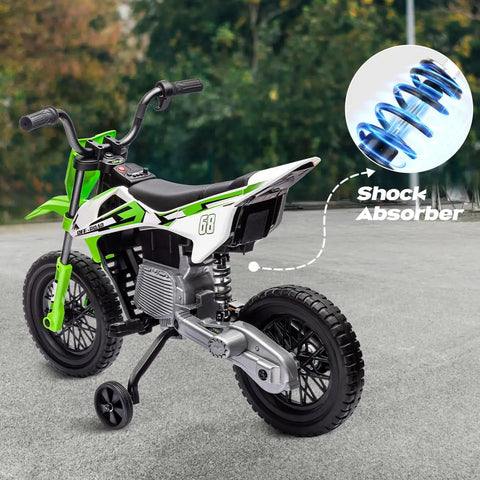 Rear view of Green Electric Kids Motorcycle With Twist Grip Throttle, 12V Ride On Vehicle for Ages 3 to 6, featuring shock absorber.