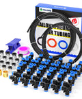 Black PU Air Tubing Kit With Quarter Inch And Three Eighth Inch OD Tubes, 10 Meter Each, 32.8ft Polyurethane Air Hose Set, Push To Connect Fittings, 68-Piece Pneumatic Line Kit For Pros And DIYers, showing all components