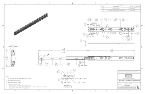 Technical drawing of Beefy 22 Inch Drawer Slides With Full Extension And Over Travel 3 Stage Side Mount Ball Bearing Rails