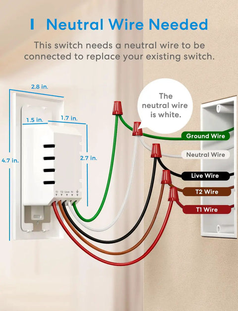 Diagram showing wiring connections for 3 Way Smart Dimmer Switch Kit For HomeKit, Siri, Alexa, Google Assistant, SmartThings with neutral wire.