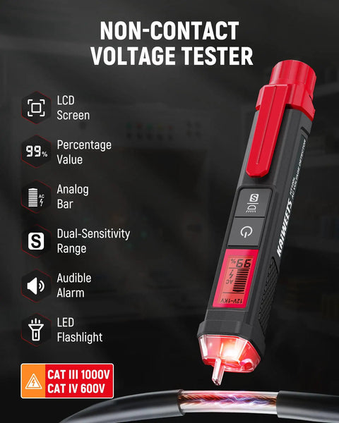 Go To Electrical Test Kit With Non Contact Voltage Tester And GFCI Outlet Tester LCD Display Pro Grade Wiring Fault Checker Outlet Tester Set For Electricians And DIYers 2 Piece showing voltage tester with LED display