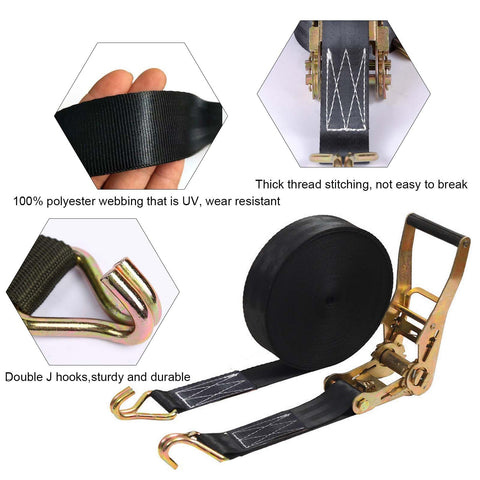 Heavy Duty Ratchet Straps 2 Inch By 27 Foot, 6600 Lbs Safe Working Load, 8000 Lbs Break Strength, Double J Hook shown with features