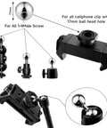 Camera Tripod Mount Kit 30 Piece Set With One Quarter Inch And Three Eighths Inch Adapters Includes Mini Ball Head Cold Shoe Mount Phone Holder Clamp Double End Screws And Other Mounting Gear For Photo And Video, black phone clamp with 17mm ball head