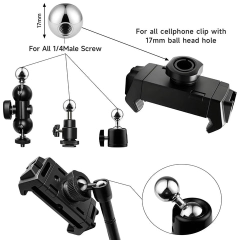 Camera Tripod Mount Kit 30 Piece Set With One Quarter Inch And Three Eighths Inch Adapters Includes Mini Ball Head Cold Shoe Mount Phone Holder Clamp Double End Screws And Other Mounting Gear For Photo And Video, black phone clamp with 17mm ball head