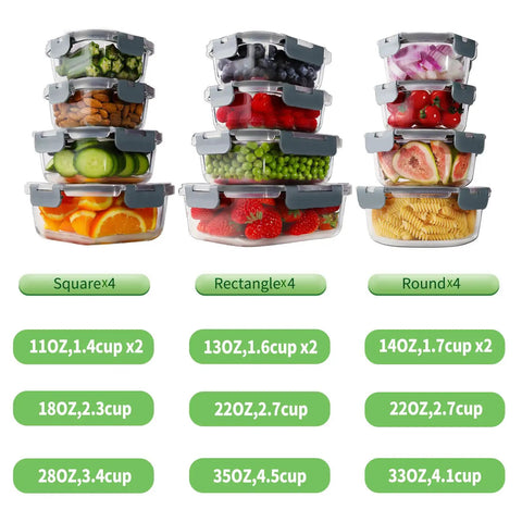 Stacked 24 Piece Borosilicate Glass Food Storage Set With Snap Locking Lids Airtight Meal Prep Containers For Quick Lunches