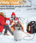 Six Foot Propane Heater Hose With High Efficiency Fuel Filter For Portable Heaters Compatible With Buddy Style Units And Five To Forty Pound Propane Tanks Detachable Filter Stainless Steel Construction used outdoors in snow