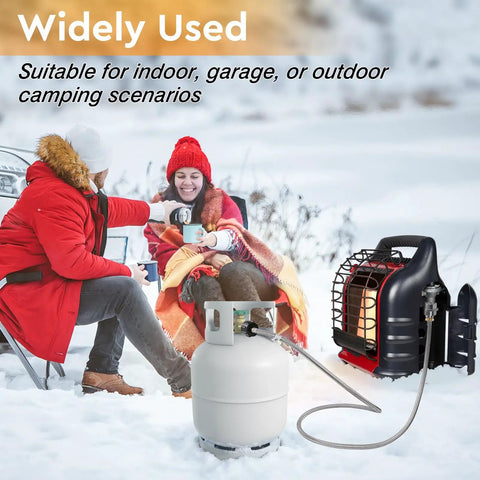 Six Foot Propane Heater Hose With High Efficiency Fuel Filter For Portable Heaters Compatible With Buddy Style Units And Five To Forty Pound Propane Tanks Detachable Filter Stainless Steel Construction used outdoors in snow