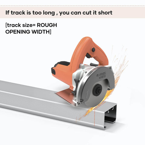 Cutting the aluminum box rail of the 4Ft Sliding Pocket Door Hardware Kit With Soft Close, 44.5 Inch Track Kit for precise fit.