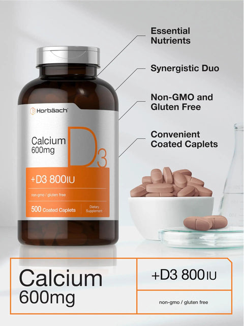Calcium 600 Mg With Vitamin D3 Coated Caplets for Women and Men, Vegetarian, Non GMO Gluten Free Supplement, 500 Caplets bottle