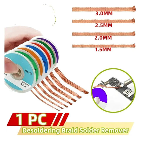 Desoldering Braided Solder Wick Remover Kit For Electronics Repair Pro Grade Copper Wire Sucker Lead Cord Flux Tool With 1.5mm To 3.5mm Diameters And 1.5m Length Each For Easy Tin Solder Cleanup On PCBs