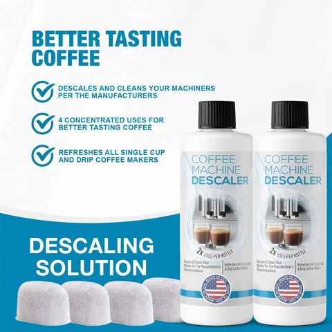 Descale Kit For Keurig 1.0 And 2.0 Coffee Makers And Espresso Machines, two bottles and four visible tablets, Made In The USA